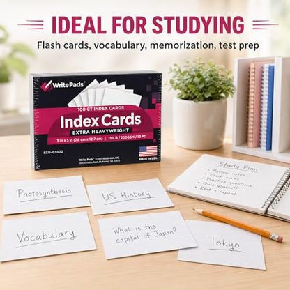 Heavyweight 3x5 Index Cards, Extra Thick Note Cards, Front Lined Back Blank Flash Cards, 110lb / 200gsm / 10pt Cardstock, 100 Sheets, Made in USA, for Studying, Classroom, Office Notes & Organization - color: White 3X5-100 Sheets Heavyweight
