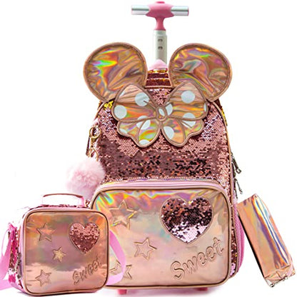 Girls Kids Rolling Backpack with Wheels Trolley School Bag Waterproof Travel Luggage for Kids Girls and Students lunch bag Lightweight and Multi functional 5-10 Years Old - color: C