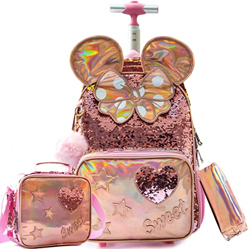 Girls Kids Rolling Backpack with Wheels Trolley School Bag Waterproof Travel Luggage for Kids Girls and Students lunch bag Lightweight and Multi functional 5-10 Years Old - color: C