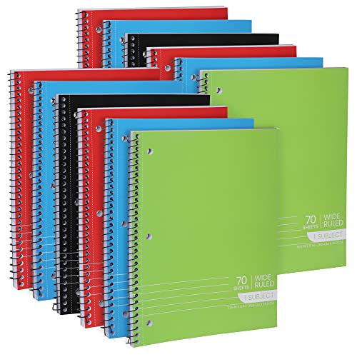 Manaloom Wide Ruled Spiral Notebooks – 12 Pack, 1 Subject, 70 Sheets Each – 10.5” x 8”, Perforated Pages, 3-Hole Punched – for School, Office, Journaling, Classroom Notes – Assorted Colors - style: 12 Pack