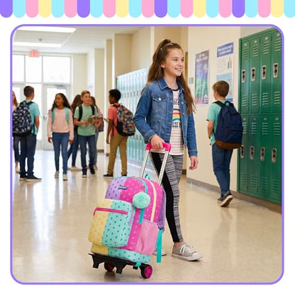 Girls Rolling Backpack with Wheels,Kids Backpack with Wheels Girls Large Capacity School Trolley Bookbag for Elementary Travel & Daily Use - color: Purple Pink Love