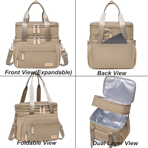 Weitars Insulated Lunch Box for Women Men-Dual Compartment Waterproof Reusable Large Lunch Bag Wide-Open Tote Cooler Bag For Working Picnic Hiking (15L) (Kahki) - color: Kahki
