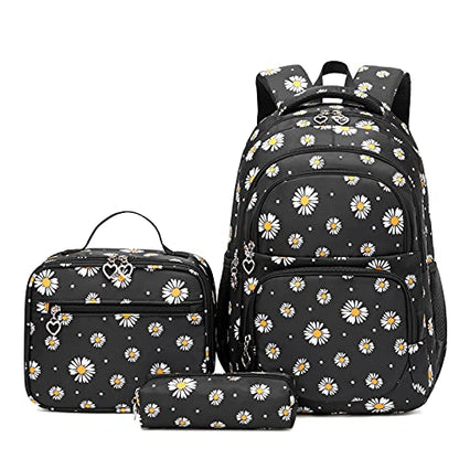 Glodwheat Daisy Printed Backpack For Girls- 3Pc Set With Lunch Box & Pencil Case, Lightweight Water-Resistant Bookbag For Elementary School - color: Black