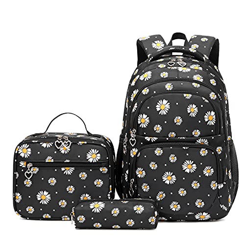 Glodwheat Daisy Printed Backpack For Girls- 3Pc Set With Lunch Box & Pencil Case, Lightweight Water-Resistant Bookbag For Elementary School - color: Black