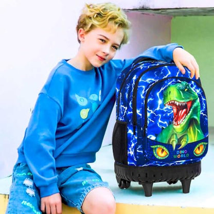 gxtvo 3PCS Kids Rolling Backpack for Boys,Water Resistant Roller Bookbag Set, Cute School Bag with Wheels for Elementary Preschool - Cute Green Dinosaur - color: Lightning Dinosaur Rolling Set