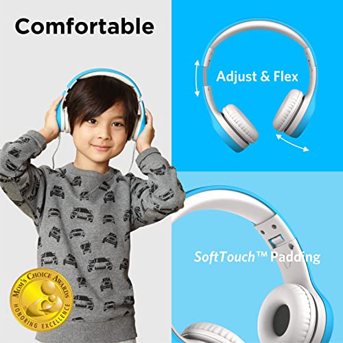 LilGadgets Connect+ Foldable Headphones, Adjustable Fit Soft Touch Padding for Kids with Mic, Volume-Limited & Noise Reduction On-Ear Wired Headset for School with SharePort - Blue, Ages 3-14 - color: Blue