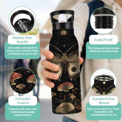 Black Moth 20 oz Insulated Water Bottles Mushroom Moon Stainless Steel Thermal Bottle Leak Resistant with Straw Twist Cap and Handle for Sports Coffee Mug Cup - color: Black Moth,Mushroom Moon
