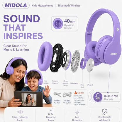 MIDOLA Kids Bluetooth Headphones 68H Play Time,Volume Limit 85/94dB, Foldable Lightweight Wireless Over-Ear Headphone for Kid Toddler Child Pad Tablet,Headsets with Built-in Mic Light Purple - color: Light Purple