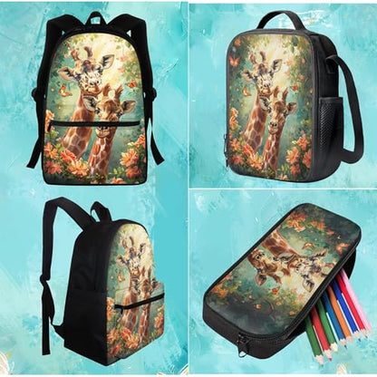 BIGCARJOB Animal Giraffe Backpack for School Kids Boys Large School Bags Set with Insulated Lunch Box Pencil Case Set of 3 Pcs Teens Girls Daypack Animal Print School Backpack Set - color: Animal Yellow Giraffe, size: One Size