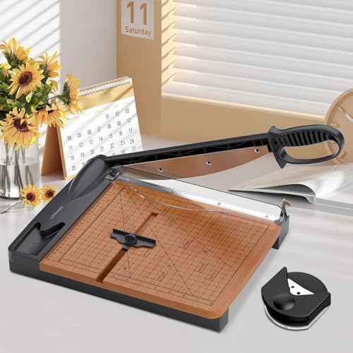 12'' Wood Guillotine Paper Cutter, Heavy Duty Wood Base Paper Trimmer with 30-32 Sheets Capacity Paper Cutting Board for Classroom, Crafting, Cardstock (Gray)