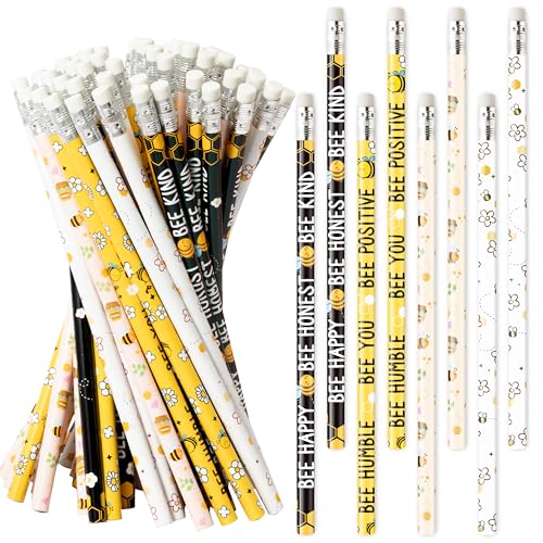 Xqumoi 60Pcs Bee Pencils with Erasers - Cute Honeybee Themed #2 HB Wooden Pencils in Bulk Birthday Party Favors Classroom Student Rewards Goodie Bag Fillers Stuffers Summer Back to School Gift - style: Bee