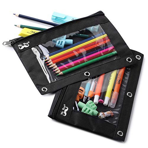 Mr. Pen Fabric Pencil Pouch with 3 Binder Holes, Black, Set of 2 (Pack of 2) - color: Black, size: 4 Pack