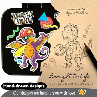 BEARFOOT Kids Lunch Box with Compartments – Compact & Lightweight | Leak-Proof, BPA-Free, Dishwasher Safe | Hand-Drawn Design for Preschool, School, Travel (Dinos Black, 4 Cups) - color: Dinos-Black, size: 4 Cups
