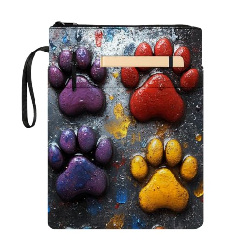 Padded Book Sleeve with Zipper & Front Pocket, Fabric Book Cover | Colorful Dog Paw Prints11.4"x8.7" Washable Canvas Pouch for Hardcovers, Tablets & Reading Accessories - color: Colorful Dog Paw Prints