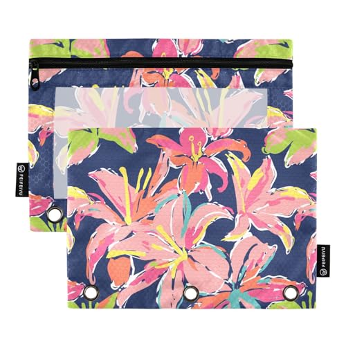 Fustylead Pink Lily Flower Navy Blue Big Capacity Pencil Bag Fits 3 Ring Binders, Waterproof Pencil Case with Clear Window for Cosmetic Office School Students Supplies 2 Pack - color: Pink Lily