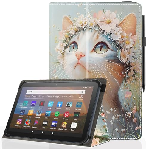 Universal 10 10.1 Inch Android Tablet Case,Slim Folding Stand Cover for All 9"-10.5" Touchscreen Tablet Case with Stylus Pen Holder,Flower Cat - color: Flower Cat