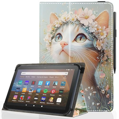 Universal 10 10.1 Inch Android Tablet Case,Slim Folding Stand Cover for All 9"-10.5" Touchscreen Tablet Case with Stylus Pen Holder,Flower Cat - color: Flower Cat