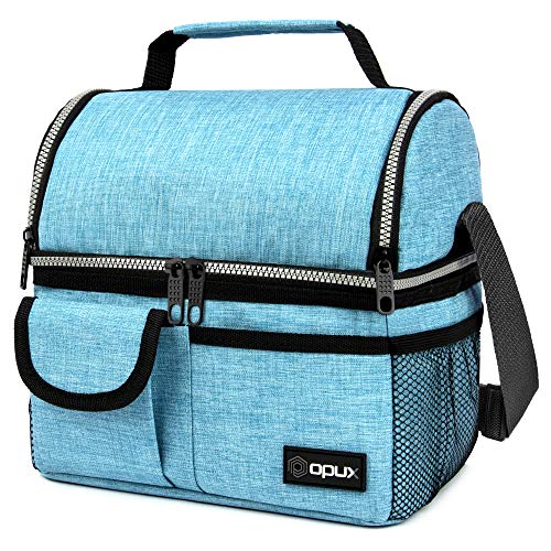 opux Insulated Lunch Bag Women Men, Dual Compartment Leakproof Lunch Box Adults Kids, Double Decker Meal Prep Bento Lunch Cooler Tote with Shoulder Strap for Work Office School Travel, Teal Blue - color: Heather Sea Blue
