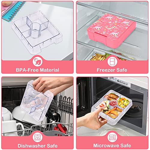 Pawtong Bento Lunch Box Set With 10oz Soup Thermo, Leak-proof Lunch Containers with 4 Compartment, Kids Hot Thermo Food Jar/Insulation Lunch Bag, Food Containers for School（Mermaid） - color: Pink-Mermaid