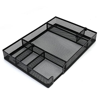 Desk Drawer Organizer Tray with Adjustable Compartments, 6 Grid Metal Mesh Drawer, Multi-use Desk Organizer Storage Box Set for Office,Home,School Supplies, 12.6X9X1.9 inch