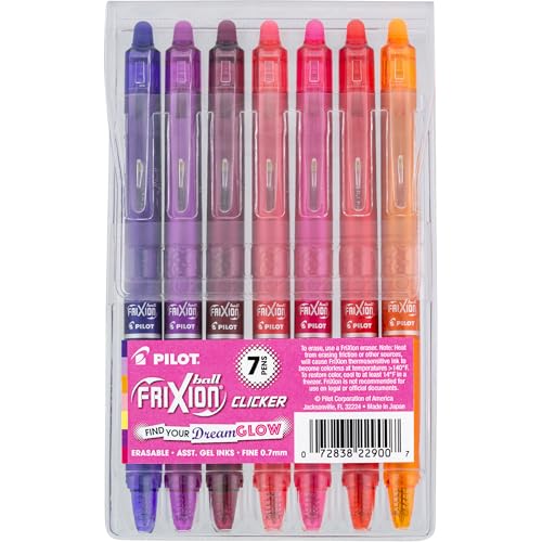 Pilot, FriXion Vibe Clicker Premium Erasable Gel Ink Pens, Find Your DreamGlow Vibe, Uplifting & Dreamy Colors, 7 Pack, Fine Point 0.7 mm, Assorted Pink/Purple Inks - color: DreamGlow