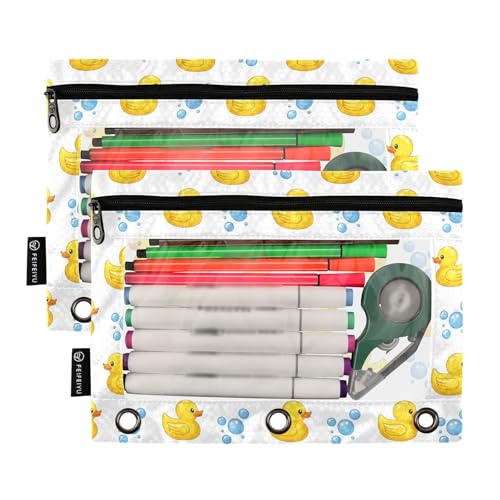 Yellow Duck White Pencil Pouch for 3 Ring Binder 2 Pcs Binder Pouches with Zipper Pocket Pencil Case Bag with Clear Window for Office Work School Supplies - color: Yellow Duck White