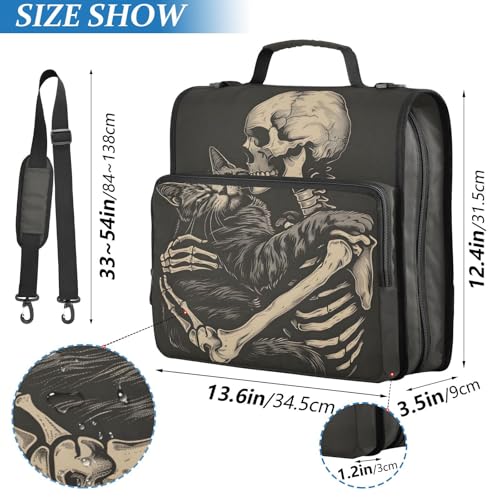 3 Ring Zipper Binder with Shoulder Strap Black Skulls Cats Gothic Style Binder Bag - color: Multicolored 06