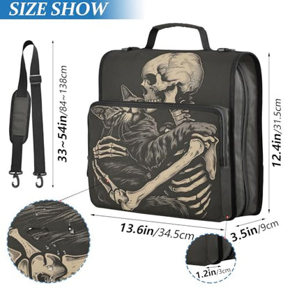 3 Ring Zipper Binder with Shoulder Strap Black Skulls Cats Gothic Style Binder Bag - color: Multicolored 06