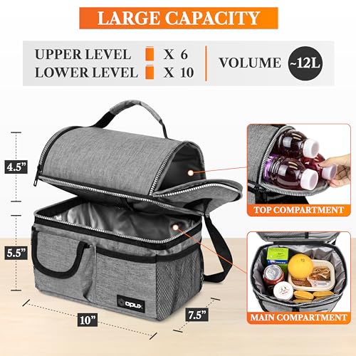 opux Insulated Lunch Bag Women Men, Dual Compartment Leakproof Lunch Box Adults Kids, Double Decker Meal Prep Bento Lunch Cooler Tote with Shoulder Strap for Work Office School Travel, Gray - color: Heather Gray