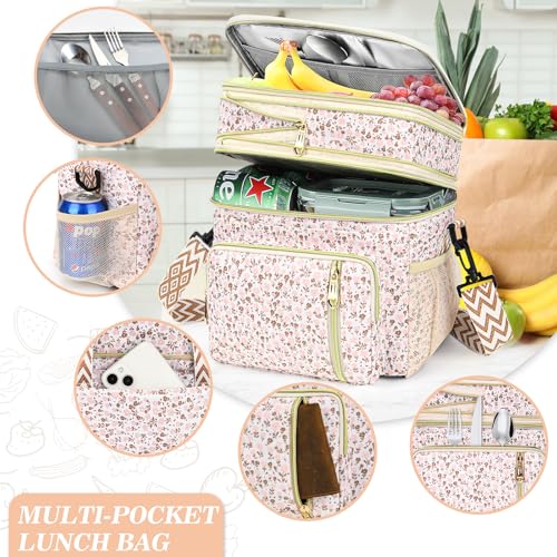 LOKASS Lunch Box for Women-16L-Insulated Lunch Bag Women, Expandable Double-layer Leakproof Cooler Bag with Upgrade Adjustable Shoulder Strap Ideal for Work/Travel/Picnics（White Flower） - color: White Flower