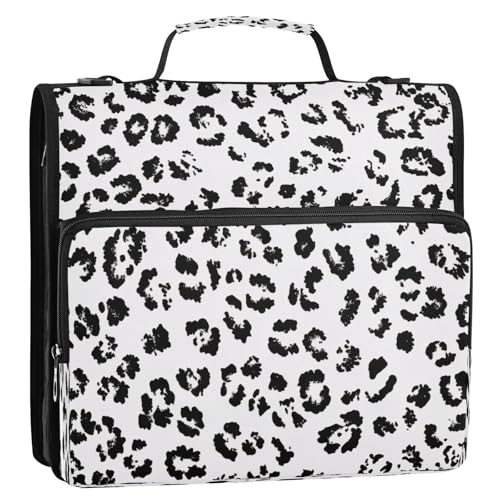 White Leopard Print Zippered Binder Bag with Handle and Shoulder Strap, 1.5 inch 3 Ring D Ring Expanding File Folder Waterproof Multiple Pockets Organizer Binder
