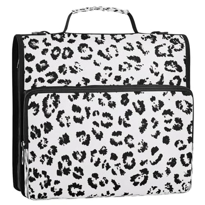 White Leopard Print Zippered Binder Bag with Handle and Shoulder Strap, 1.5 inch 3 Ring D Ring Expanding File Folder Waterproof Multiple Pockets Organizer Binder