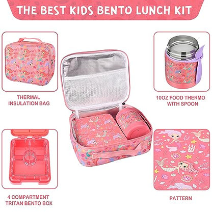 Pawtong Bento Lunch Box Set With 10oz Soup Thermo, Leak-proof Lunch Containers with 4 Compartment, Kids Hot Thermo Food Jar/Insulation Lunch Bag, Food Containers for School（Mermaid） - color: Pink-Mermaid