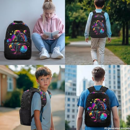 17 Inch Kid's 4PCS Backpack Set, Back to School Essentials | Insulated lunch box, water bottle pouch, pencil case, lightweight, padded shoulder straps, for elementary, middle school - color: Space Astronaut