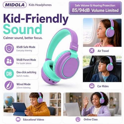 MIDOLA Kids Bluetooth Headphones 68H Play Time,Volume Limit 85/94dB, Foldable Lightweight Wireless Over-Ear Headphone for Toddler Kid Child Pad,Headsets with Aux Built-in Mic Purple - color: Purple