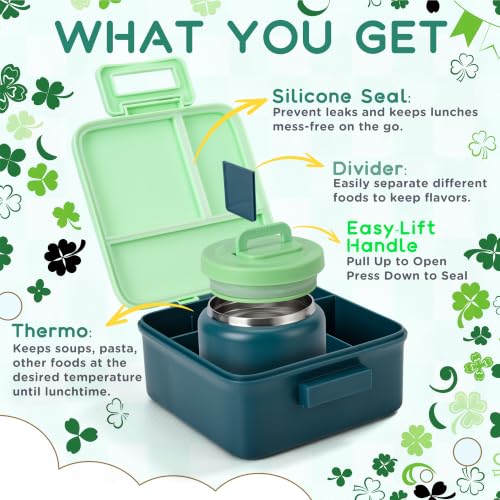 Bento Lunch Box for Kids with 8oz Thermo Containers for School,Camping | Vacuum Insulated Food Jar,Leakproof Silicone-Seal,5 Compartments with Dividers,Dishwasher & Refrigerator Safe,BPA-Free - color: Green