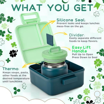 Bento Lunch Box for Kids with 8oz Thermo Containers for School,Camping | Vacuum Insulated Food Jar,Leakproof Silicone-Seal,5 Compartments with Dividers,Dishwasher & Refrigerator Safe,BPA-Free - color: Green