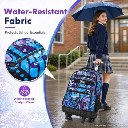 AGSDON Rolling Backpack for Girls, Women Roller Wheels Bookbag, Laptop Flower Wheeled School Bag with Wheels for Teens - color: Purple