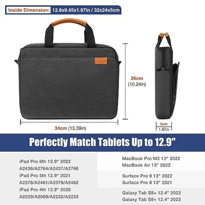 MoKo 13 Inch Tablet Sleeve Case with Multi-Pockets & Shoulder Strap | Fits iPad Pro 13-inch M5, iPad Air 13-inch M4, iPad Pro 12.9 M2/M1, Surface Laptop Go 12.4 and Tab S8+/S9+ 12.4, Black&Gray - color: Black & Gray, size: 12.9 Inch
