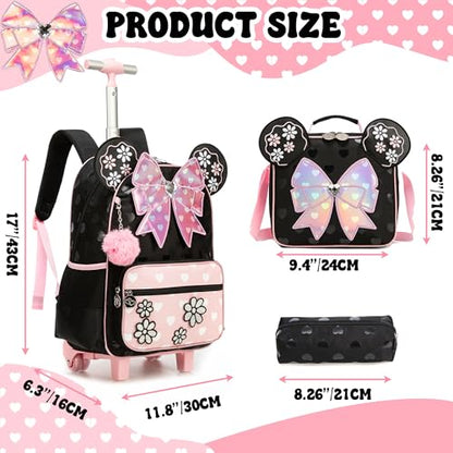 Meetbelify Backpack with Wheels for Girls Rolling Backpack Cute Carry on Backpack Kids Luggage with Lunch Box Pencil Case for Elementary Student - color: Bowknot Pink