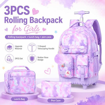 CCJPX Rolling Backpack for Girls, 3Pcs Roller Wheeled School Bookbag, Tie-dye Wheels Backpacks with Lunch Box for Kids (Pink) - color: Cloud Purple