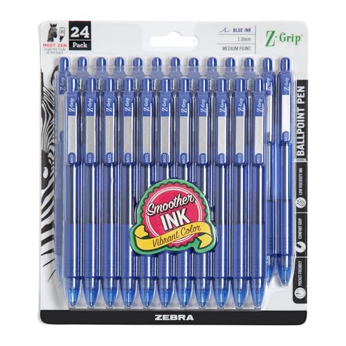 Zebra Pen Z-Grip Retractable Ballpoint Pen, Smooth-Flowing Blue Ink, 1.0mm Medium Point, School & Office Supplies, Ideal for Note-Taking, Journal and Planner Use, 24-Pack (12225) - color: Blue D