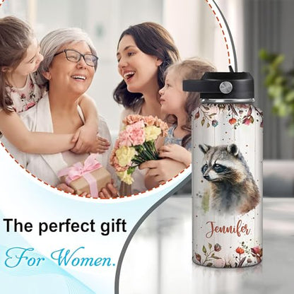 Hyturtle Personalized Raccoon Water Bottle - Custom Name Insulated Stainless Steel Bottle with Leak-Proof Lid 18oz 32oz - Animal Lover Gift for Women Girls Raccoon Lovers - Birthday & Christmas Gift - color: Raccoon