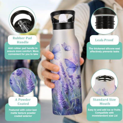 Water Bottles with Straw,Purple Butterfly Stainless Steel Cup Leak Resistant Double Wall Lavender Insulated Water Bottle with Handle for Gym Cycling Hiking Office 20 oz - color: Purple Butterfly,Lavender