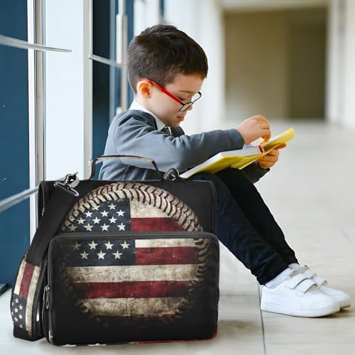 School Zipper Binder America Flag Baseball Sport Decor Trapper Keeper 3 Ring Binder Bag Multiple Pockets & Storage Organizer, 500 Sheet Capacity with Shoulder Strap