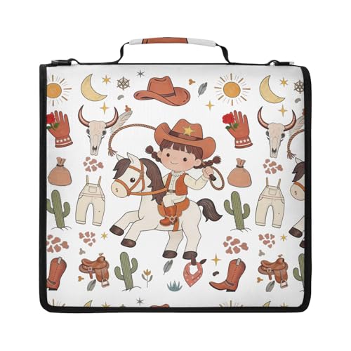 Cute Cowgirl Wild West Orange 3 Ring Zipper Binder Bag with Strap, Personalized Name Trapper Keeper Binder - 2" Binder with Pockets Holds 500 Sheets, Laptop & More - Durable & Easy to Carry - color: Option H