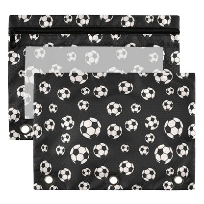 Football Pouches 3 Ring for Boys Girls School Office College Supplies Sports Soccer Pencil Pouches Case Bag with Clear Window and Zipper 2 Pack - color: Football
