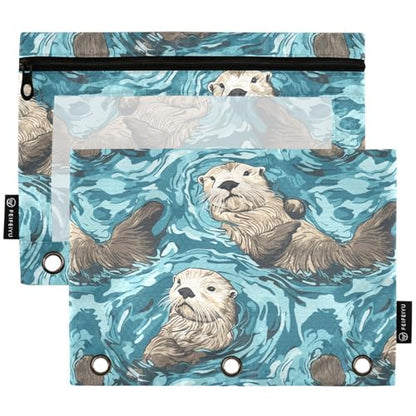 Studying 2 Pack Cute Green Water Swiming Otters 3 Ring Binder Pencil Pouch Bags,Clear Window Zipper Storage Case for Boys Girls School Office Supplies Cosmetics Organizers - color: Multi-otters
