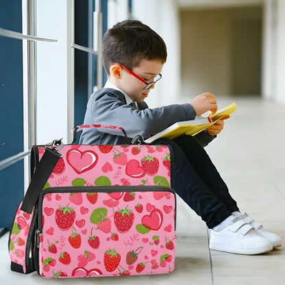 Cute Strawberry Zipper Binder 3 Ring with Shoulder Strap, Multiple Pockets Expanding File Folder Binder Bag Organizer
