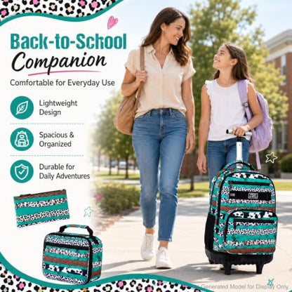 gxtvo Rolling School Backpack for Girls, Women Roller Bookbag with Lunch Box for Adults, Water Resistant Wheeled School Bag for College Teens Kids Travel - Leopard Print & Green Stripe - color: Leopard Print Green Stripe